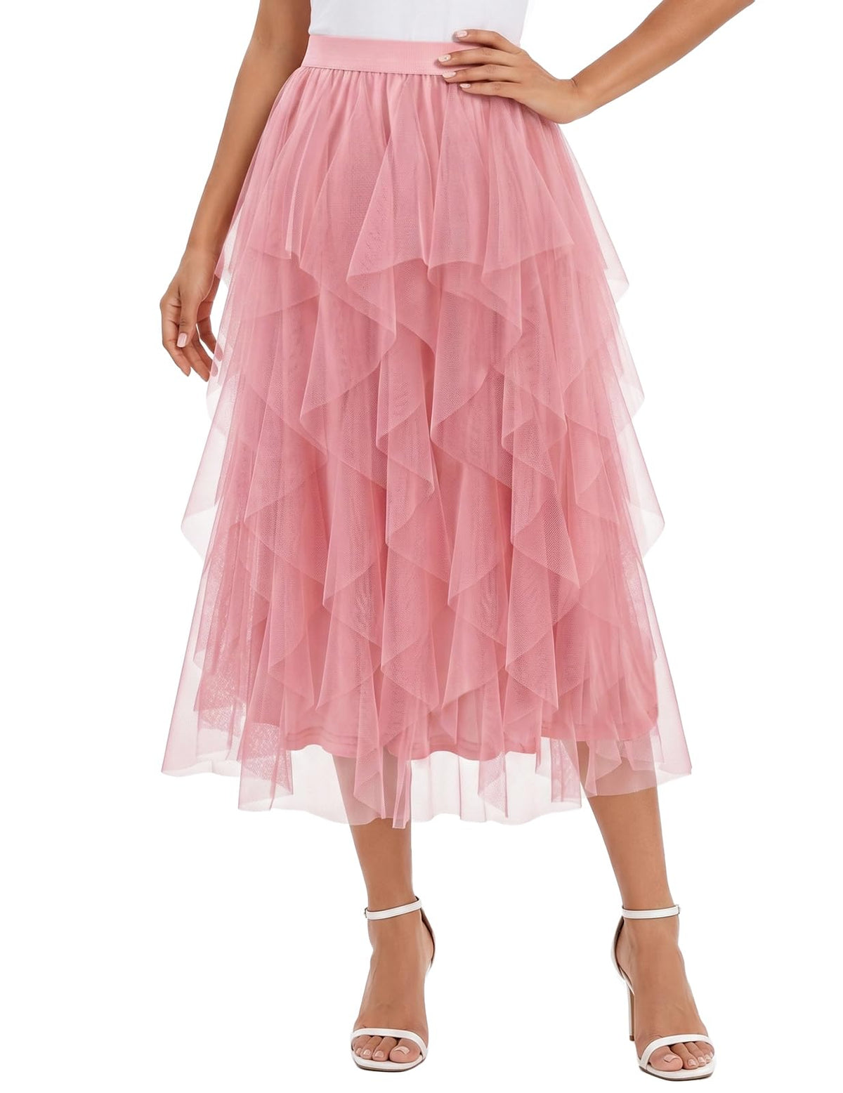 DRESSTELLS Women's Tulle Skirts, Midi Long A-line Elastic High Waist Fairy Tutu Skirt with Layered Ruffle