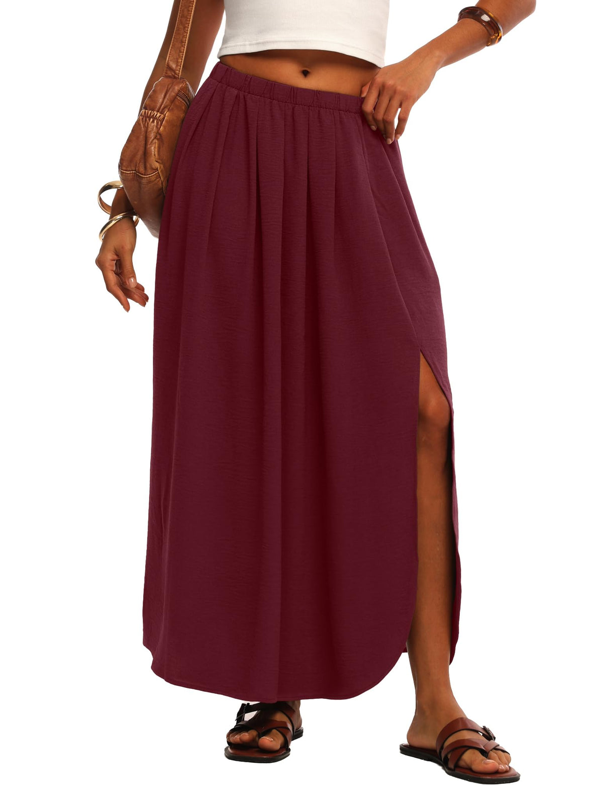 HiMONE Womens Maxi Skirt High Waisted Flowy A Line with Side Slit