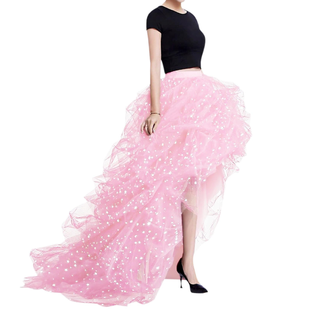 WDPL Women’s High Low Ruffled Tulle Skirt, Long Back Hem for Party Evening