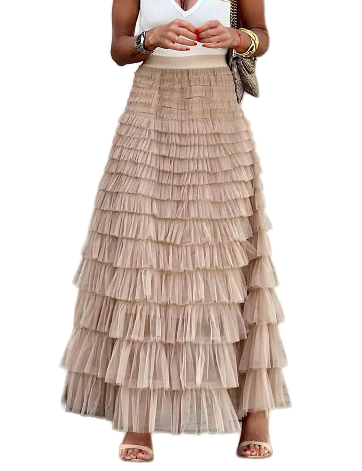 Flygo Women Long Maxi Tiered Tulle Skirts A Line Ruffle Layered Fairy Skirt