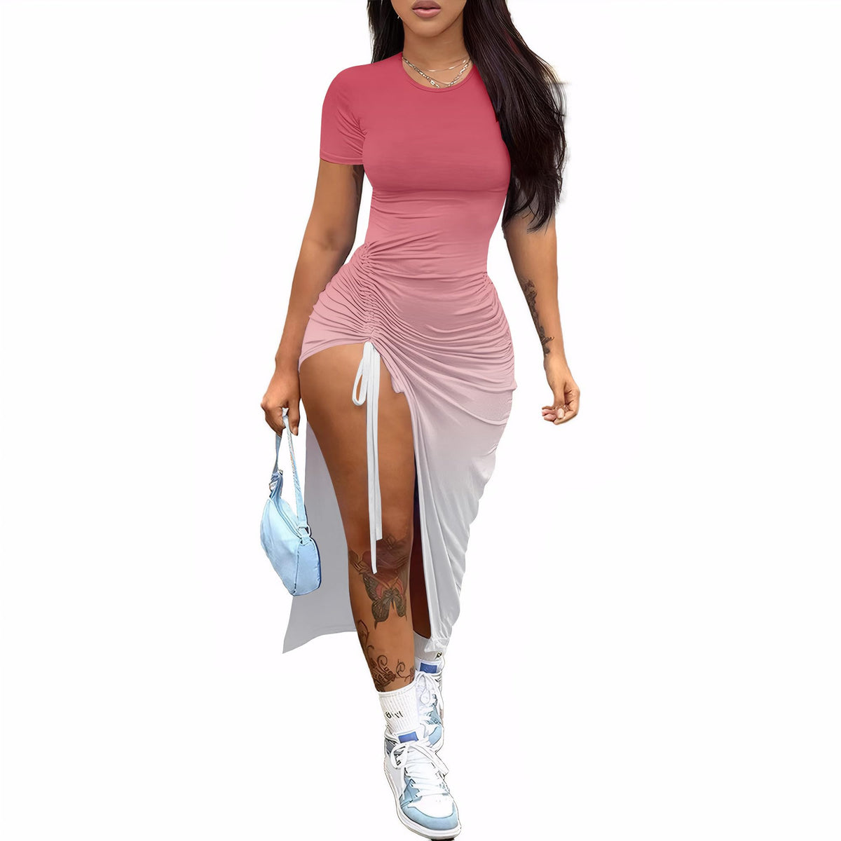 Nimsruc Women Sexy Summer Bodycon Dresses Short Sleeve Slit Maxi Club Dress