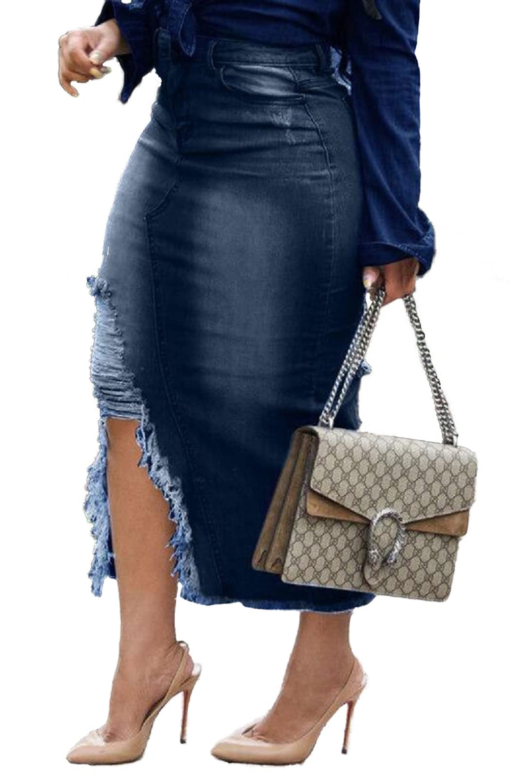 CaniBtr Women's Casual Slit Denim Midi Jean Skirt Stretch with Pockets