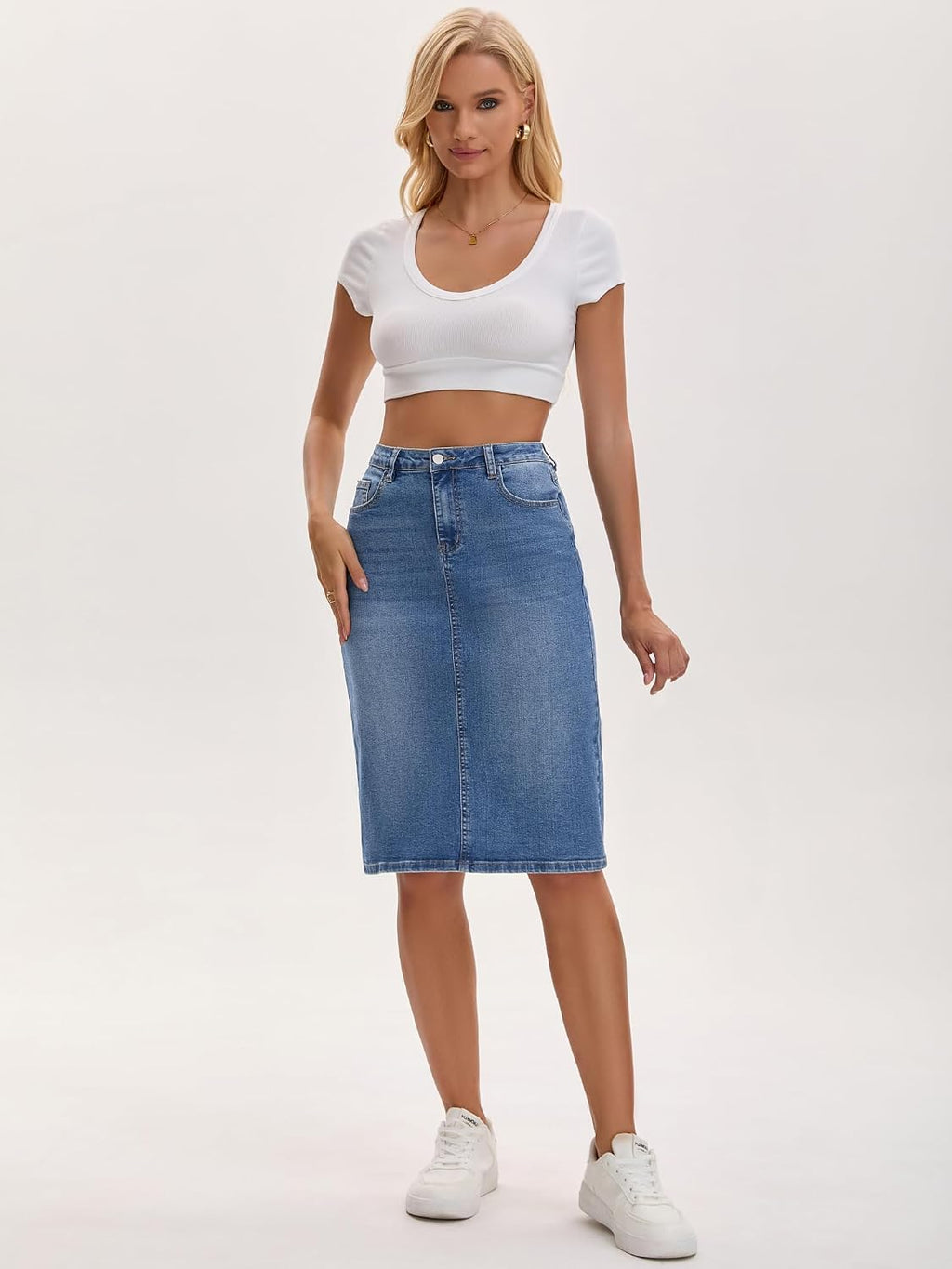 Women's Jean Skirt Back Slit Stretch Below Knee Length Denim Skirts