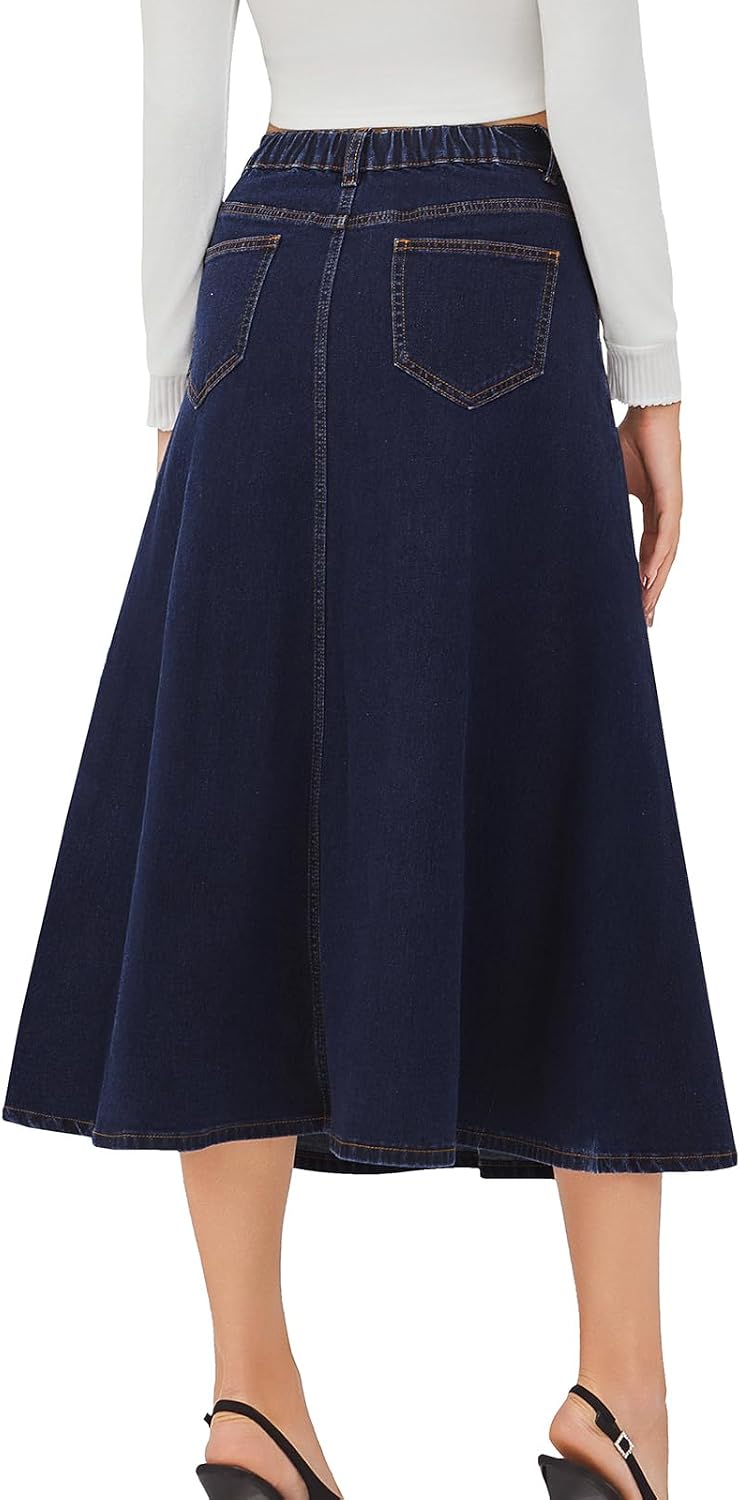 HUSKARY Women's Stretchy High Wasited A Line Long Maxi Jean Skirt Below Knee Length Flared Midi Denim Skirts with Pockets