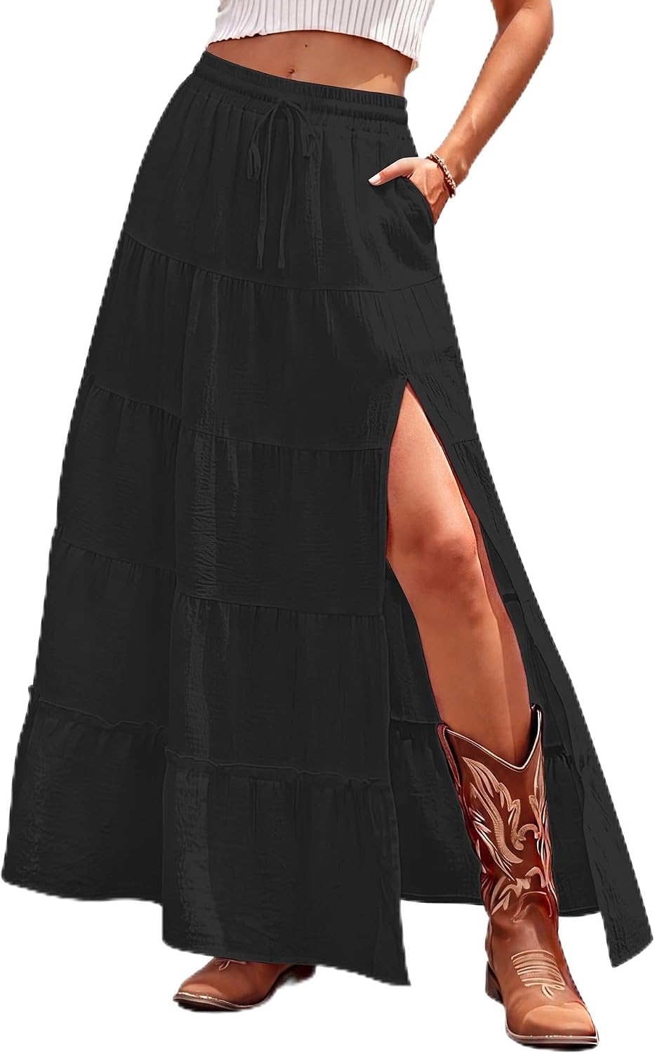 Bsubseach Women Boho Maxi Skirt High Slit Long Flowy Skirt with Pockets