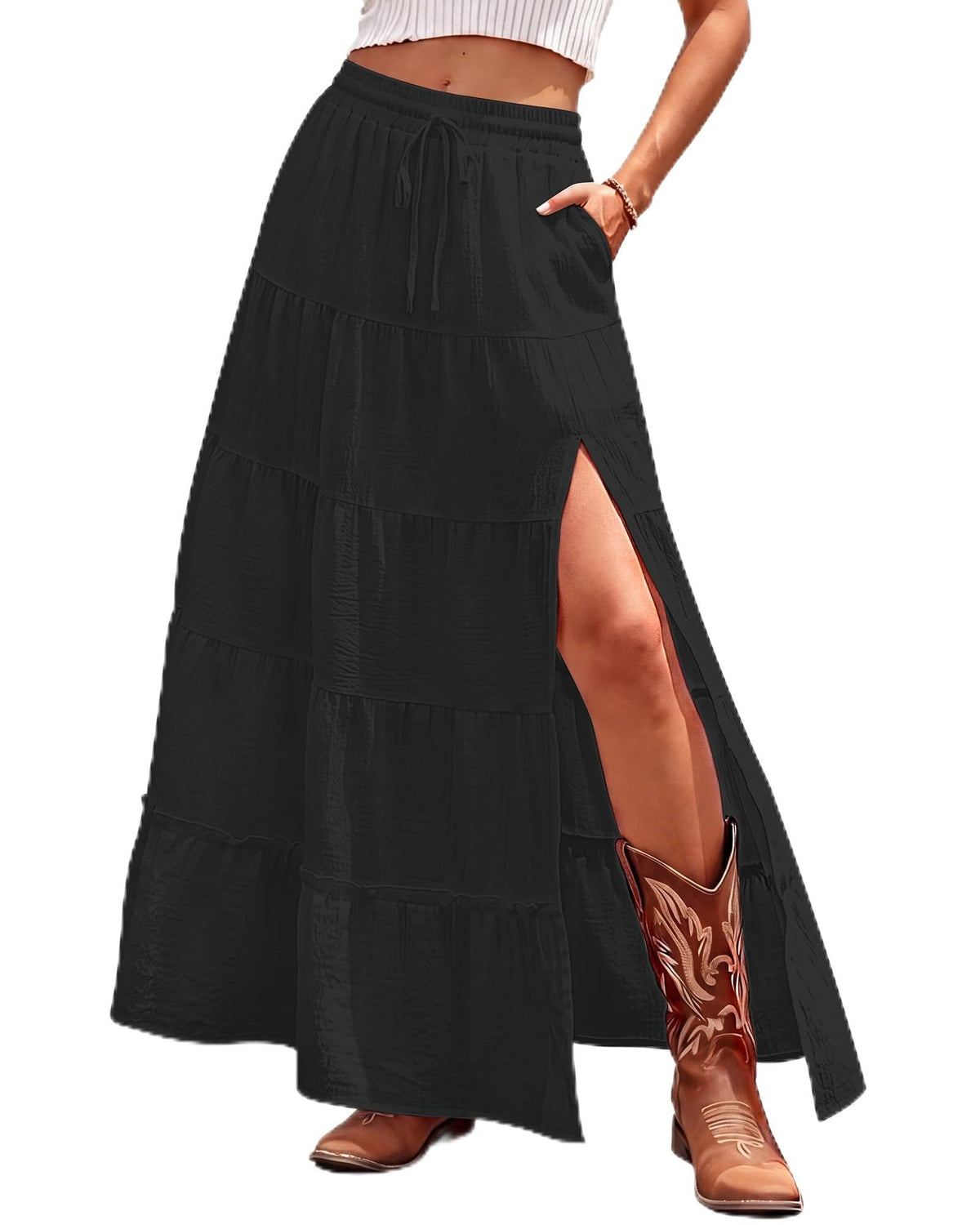 Bsubseach Women Boho Maxi Skirt High Slit Long Flowy Skirt with Pockets