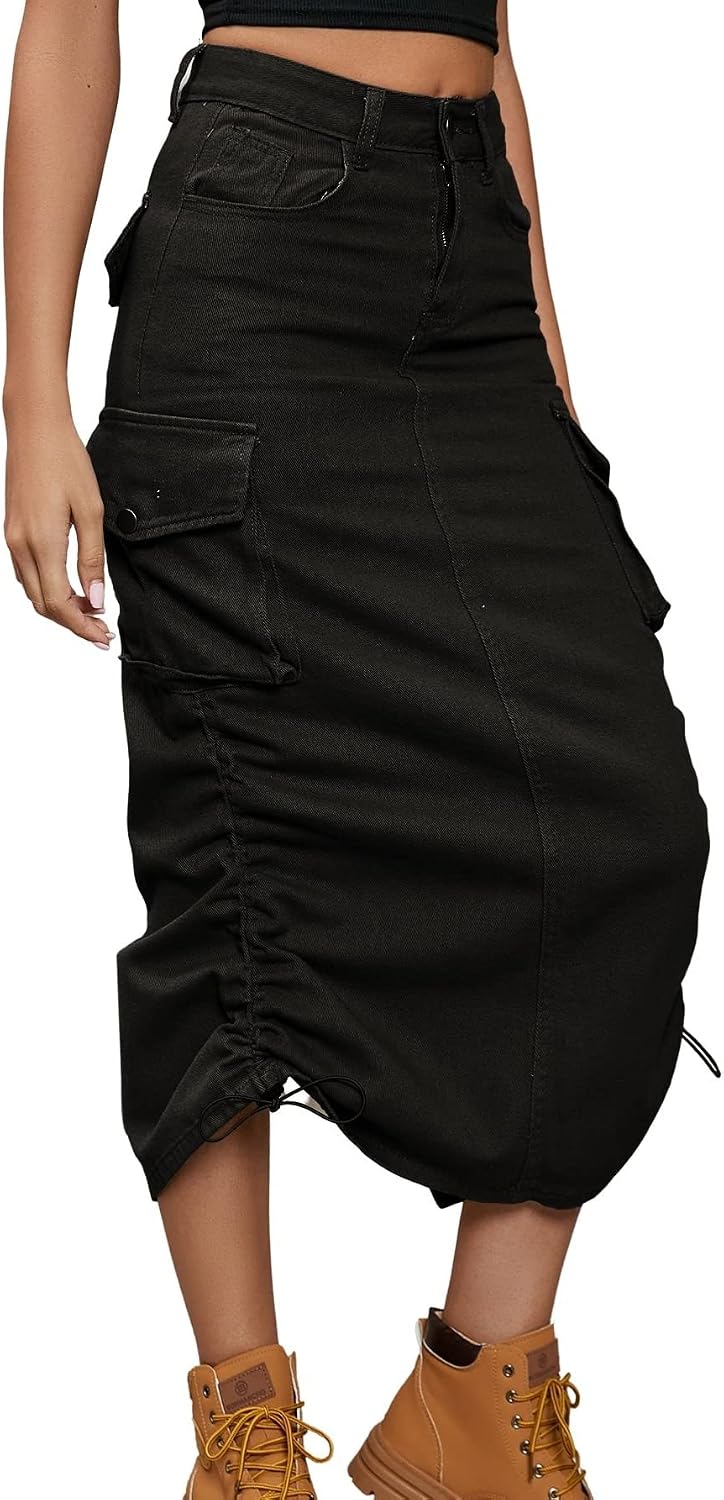 chouyatou Women's Y2K Cargo Skirt Jean Adjustable Casual A-Line Midi Long Denim Skirt