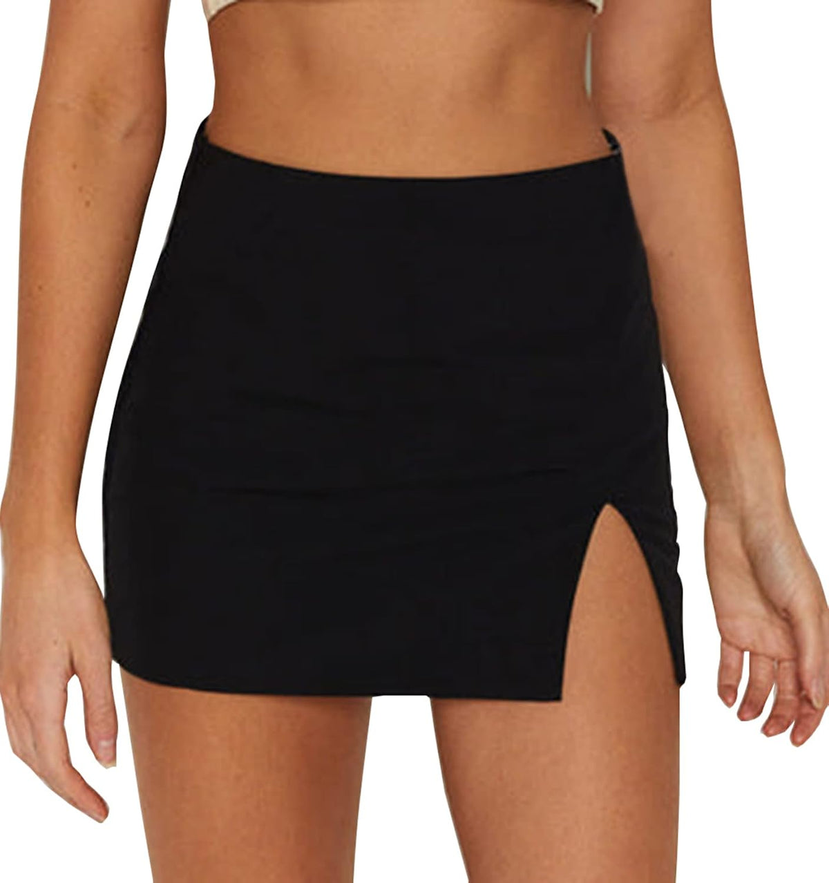 EG CHRIS G Black Mini Skirt Women's High Waisted Stretch Fitted Bodycon Skirt with Slit