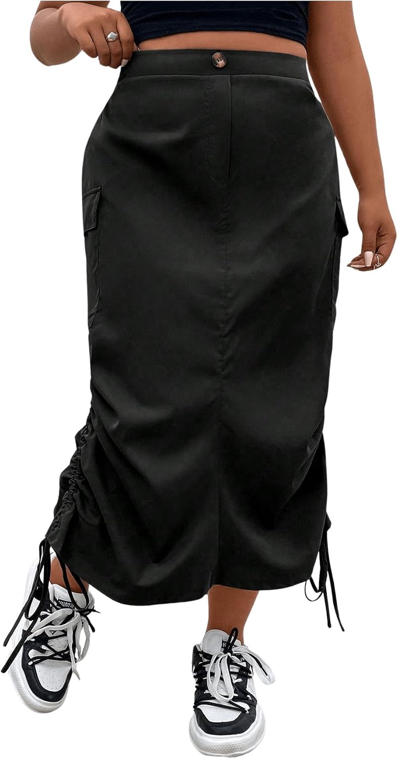 OYOANGLE Women's Plus Size Elastic High Waist Midi Cargo Skirts