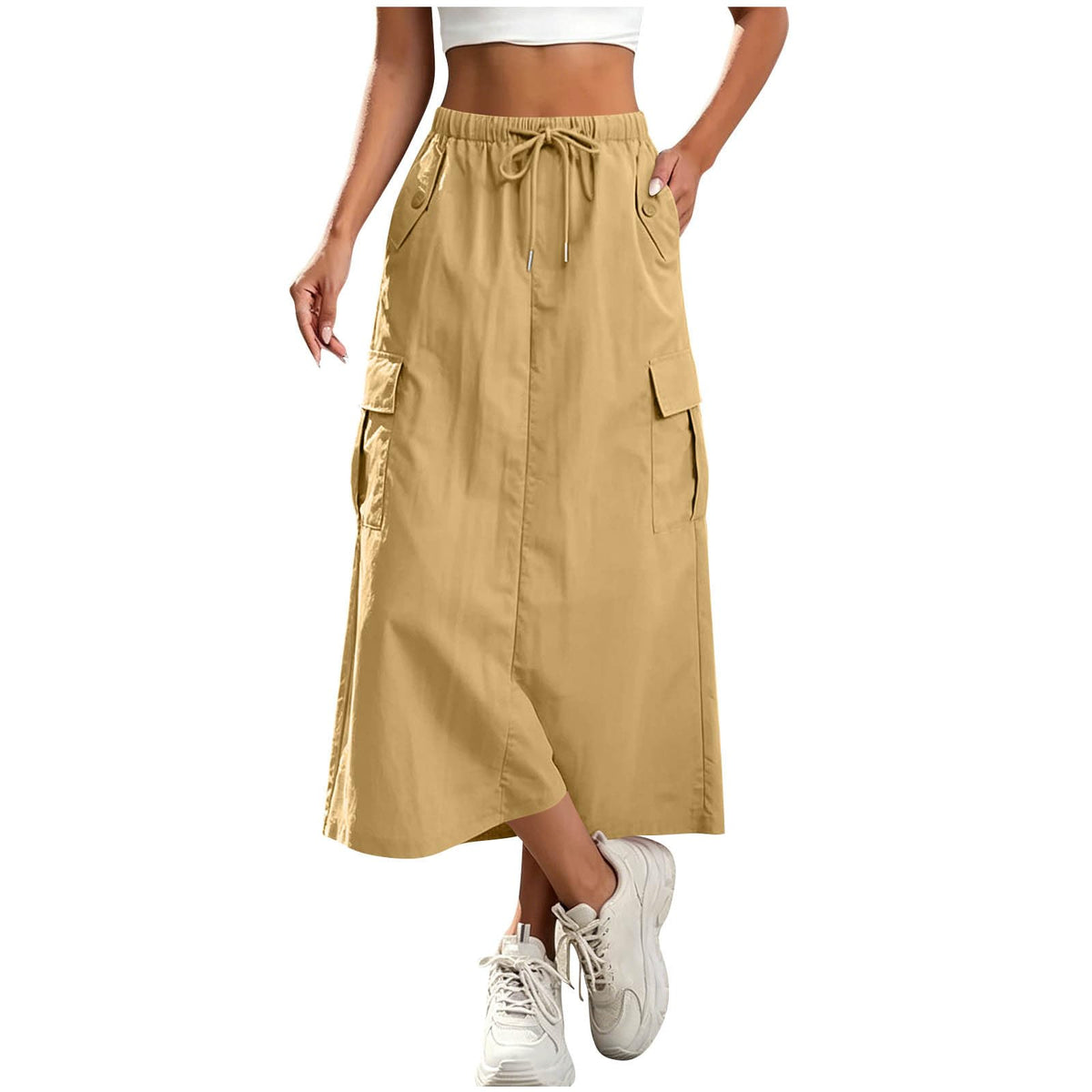 Women's Cargo Skirts Elastic Waist Drawstring Utility Midi Skirt with Multi-Pockets Casual Trendy Streetwear Skirts