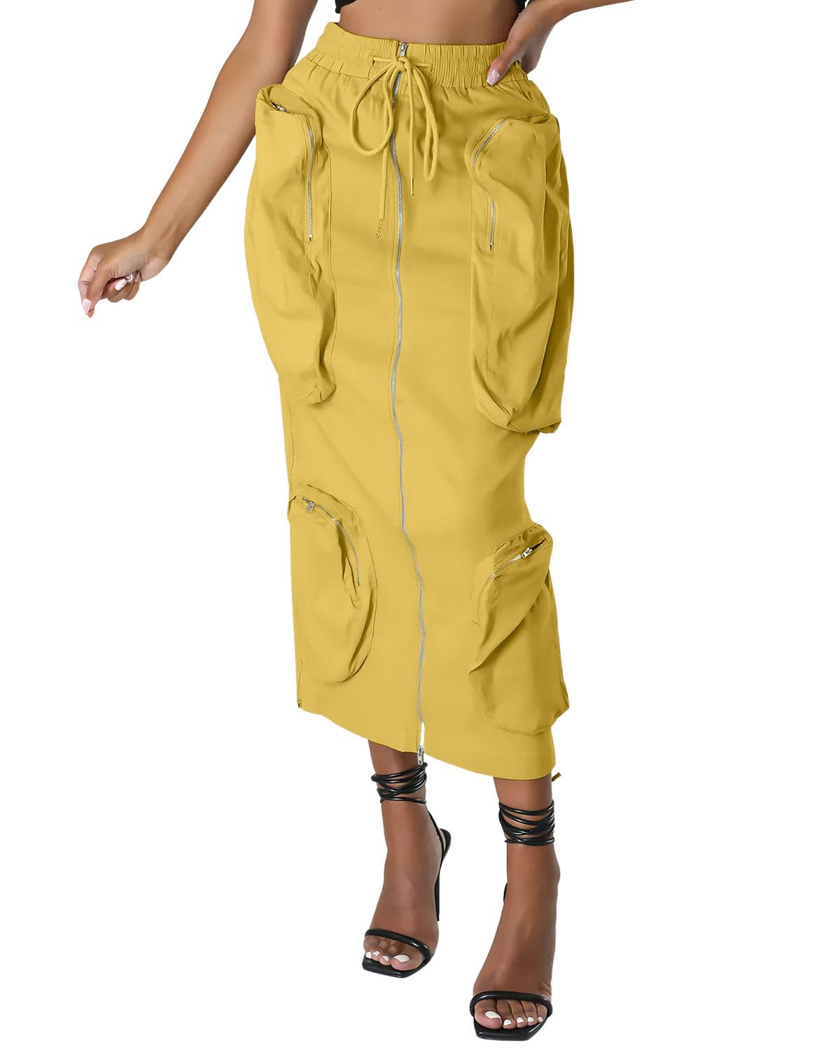 ebossy Women's Vintage 90s Drawstring Stretchy Zipper Muti-Pockets Pencil Long Cargo Skirt