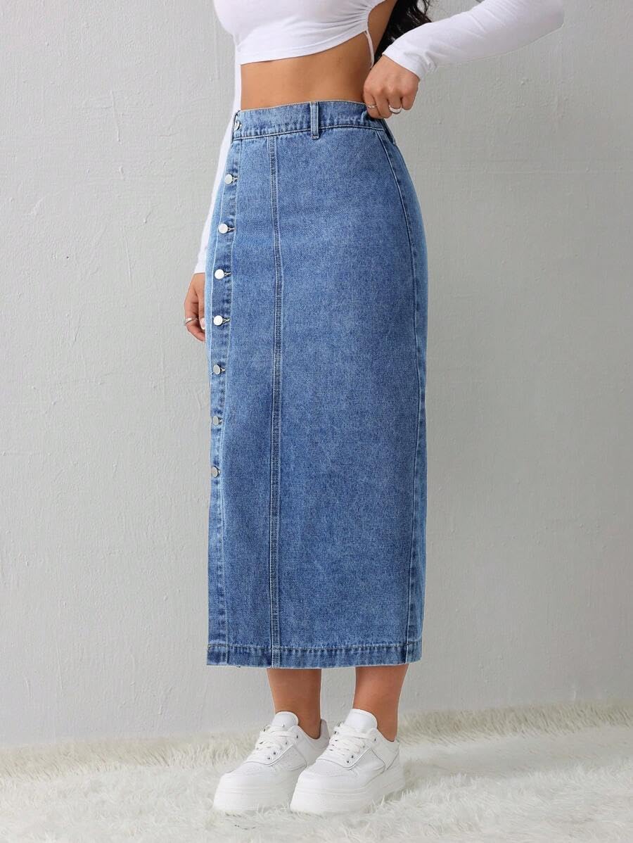 CaniBtr Women's Casual Slit Denim Midi Jean Skirt Stretch with Pockets