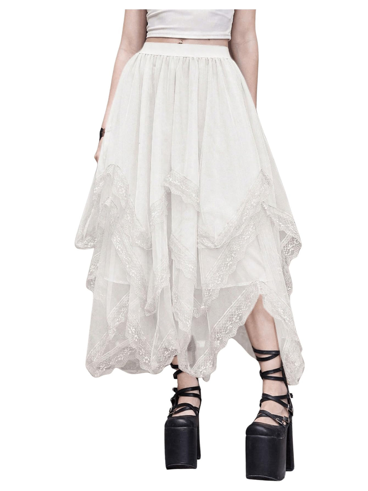 SHENHE Women's Lace Trim Layered Mesh Tulle Skirt Asymmetrical Goth Skirt
