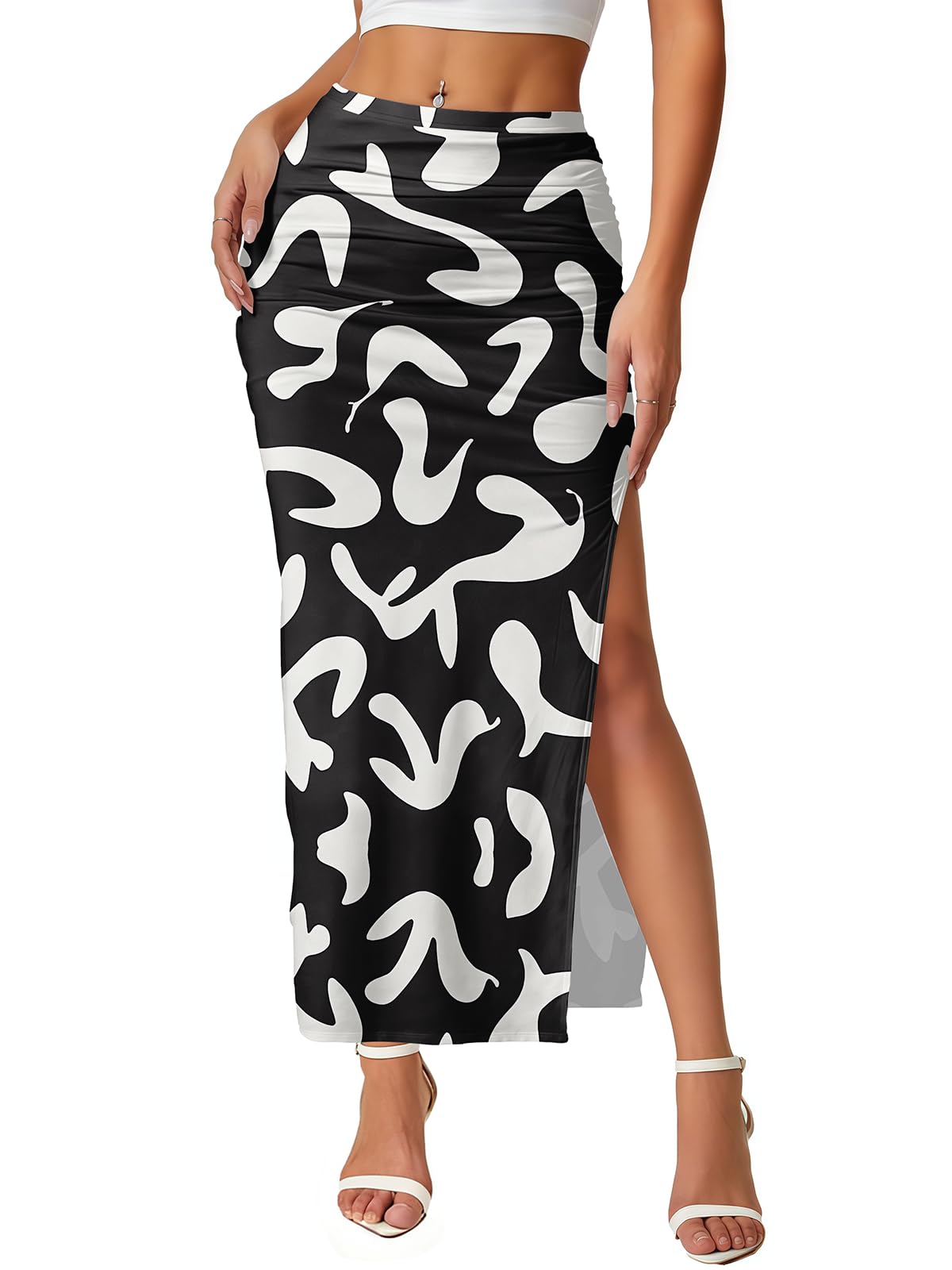 Women's Maxi Skirt Ruched Side Slit Thigh Elegant Bodycon Pencil Skirts