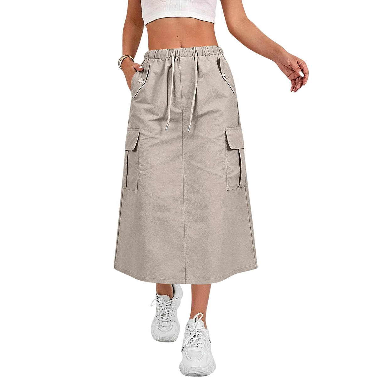 Cargo Skirts for Women Summer Trendy Quick Dry Midi Skirts Drawstring Hiking High Wasited A Line Skirt with Pockets