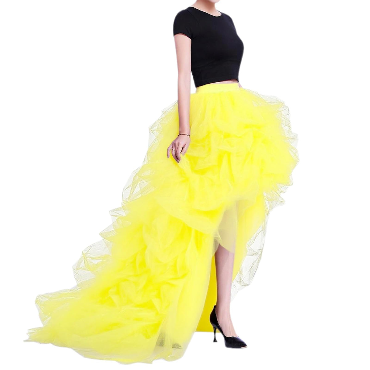 WDPL Women’s High Low Ruffled Tulle Skirt, Long Back Hem for Party Evening
