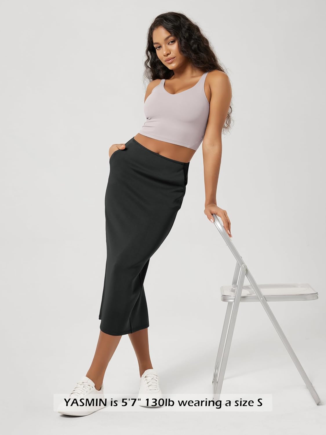ODODOS Modal Soft Midi Skirt for Women Back Slit High Waist Casual Long Pencil Skirts with Pockets