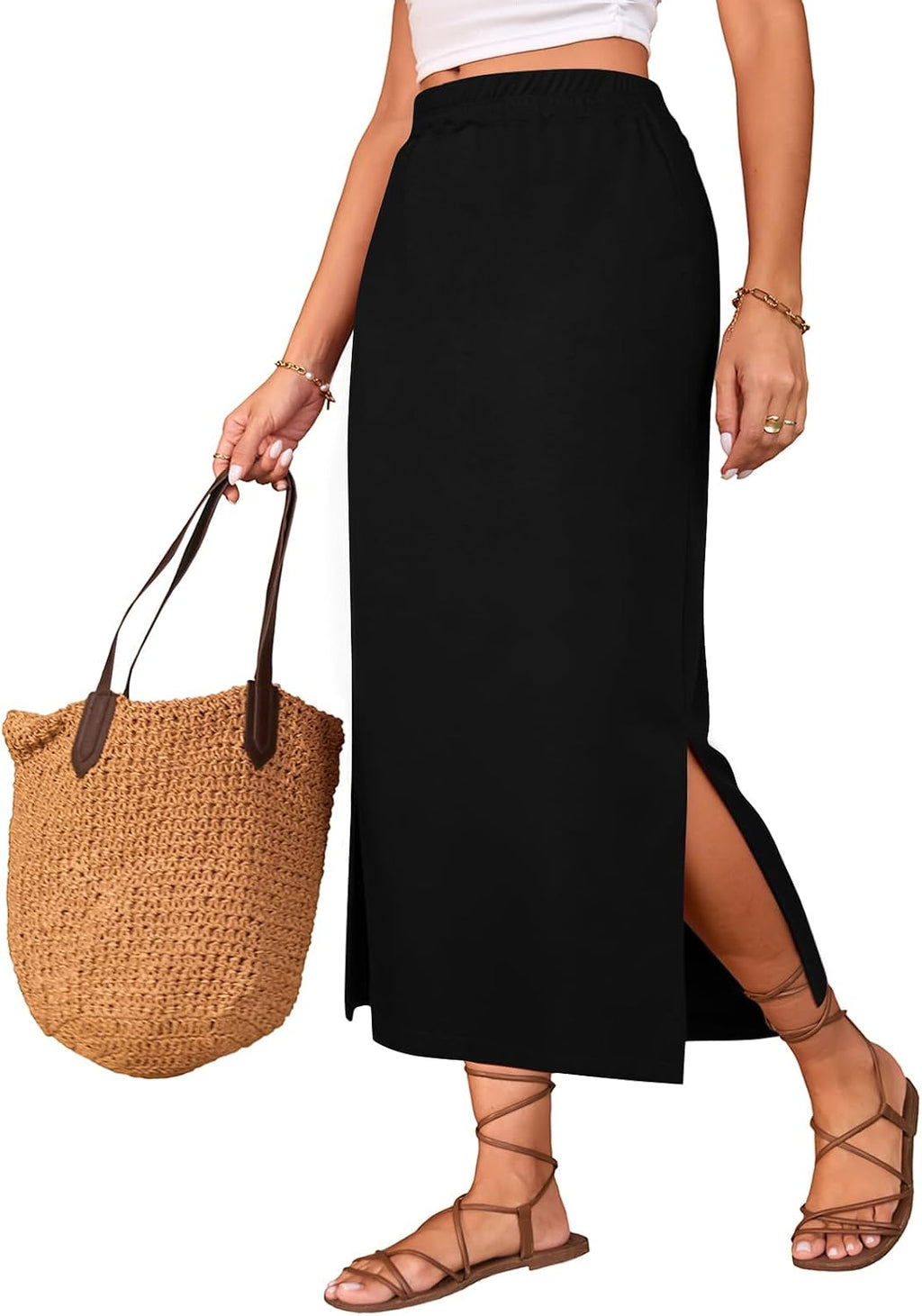 Poetsky Maxi Skirt for Women Summer Side Slit Pencil Skirts Elastic High Waisted Long Skirt