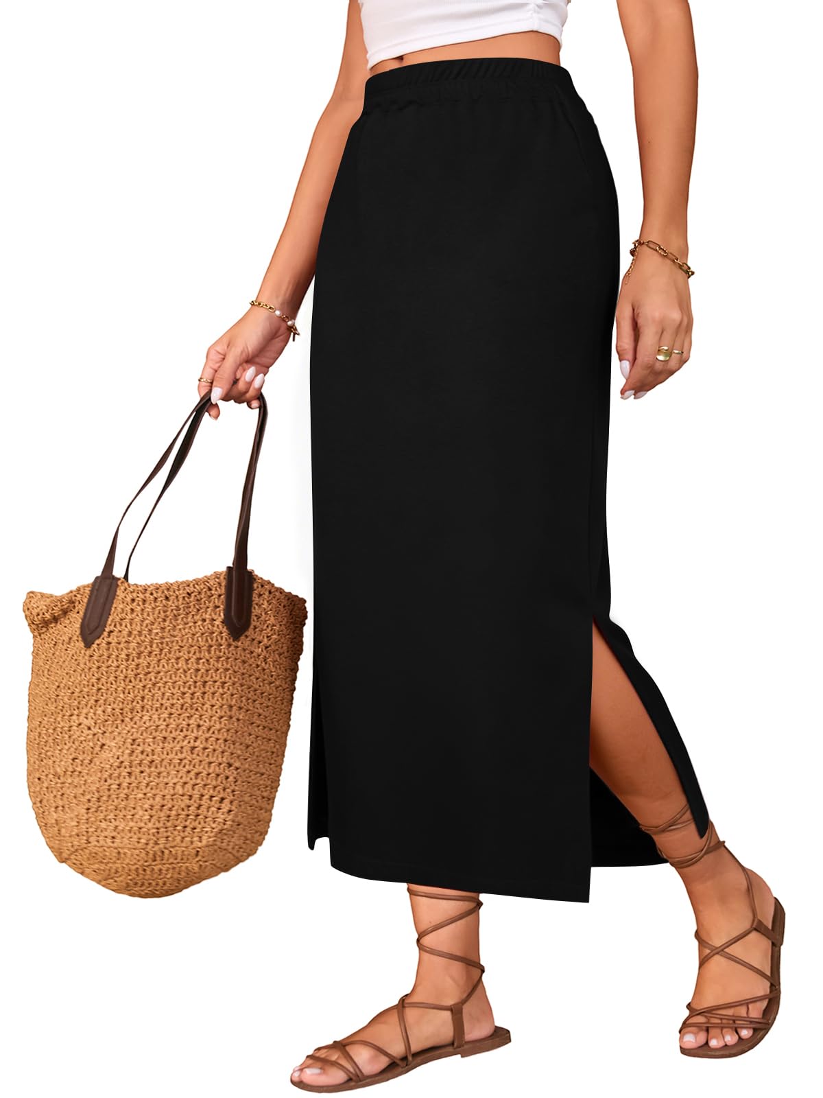 Poetsky Maxi Skirt for Women Summer Side Slit Pencil Skirts Elastic High Waisted Long Skirt
