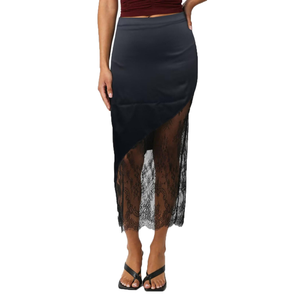 Women's Satin Skirt High Waisted Side Split Asymmetric Lace Patchwork Midi Skirt Bodycon Long Skirts Trendy