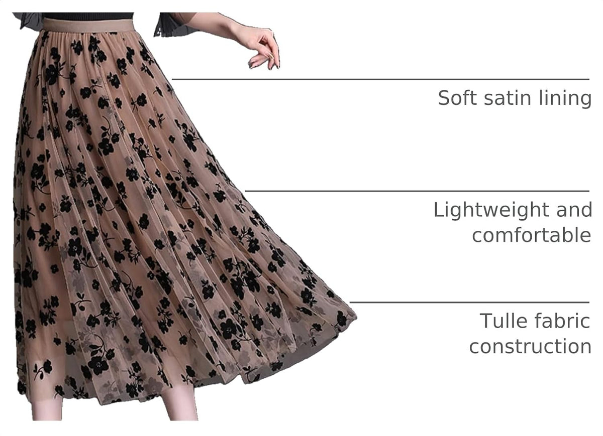 Reaowazo Skirts for Women Midi Long Length Dressy Casual Trendy Summer Tulle A-Line Floral High Waist Skirt