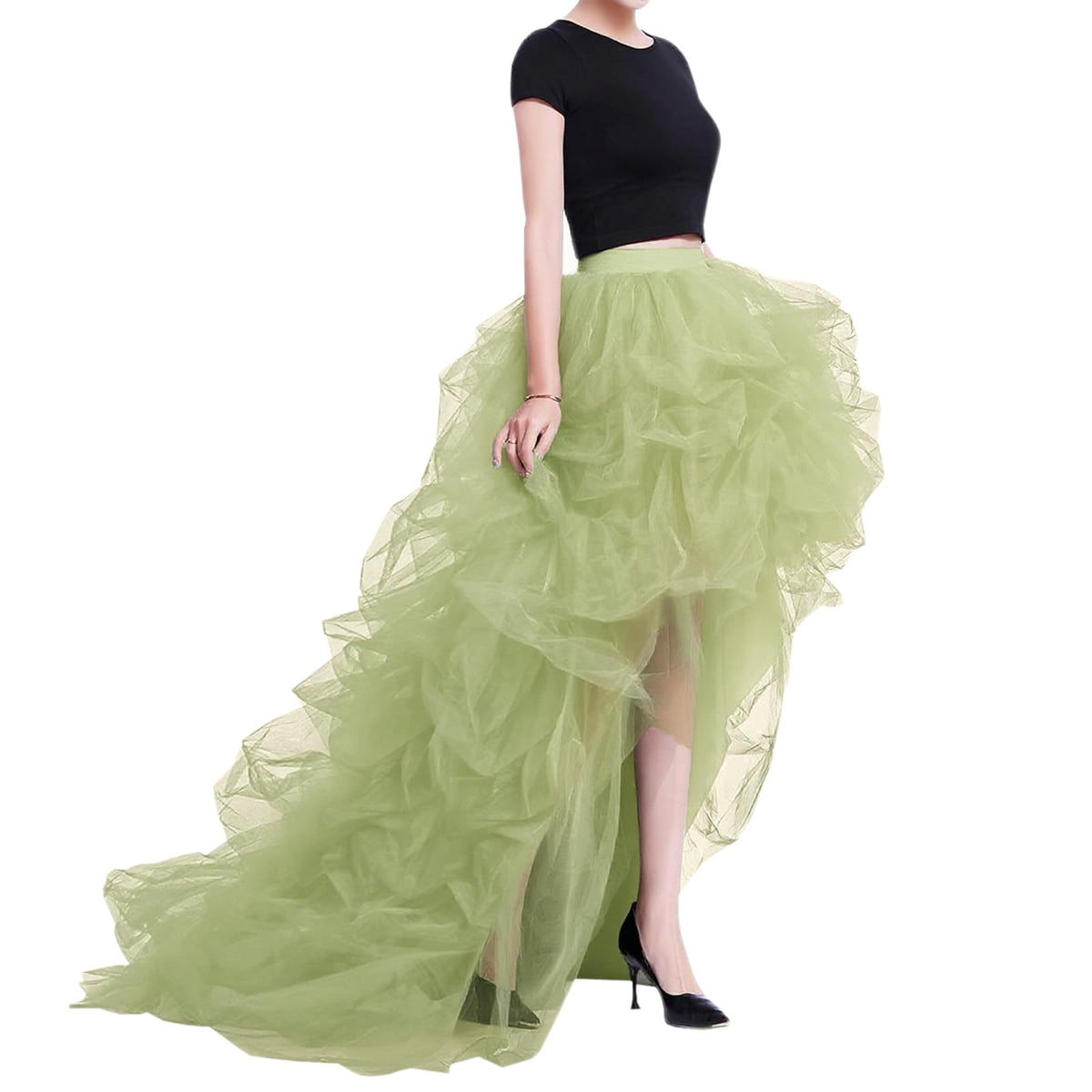 WDPL Women’s High Low Ruffled Tulle Skirt, Long Back Hem for Party Evening