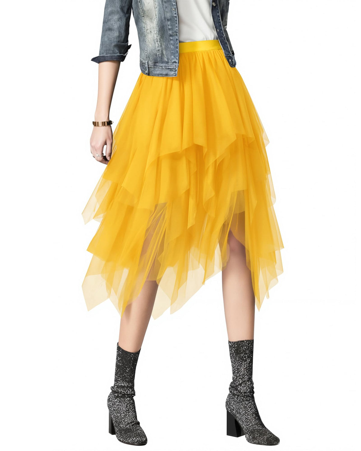 Jogold Womens 3 Layer Tulle Skirt High Waist Asymmetrical Midi Tutu