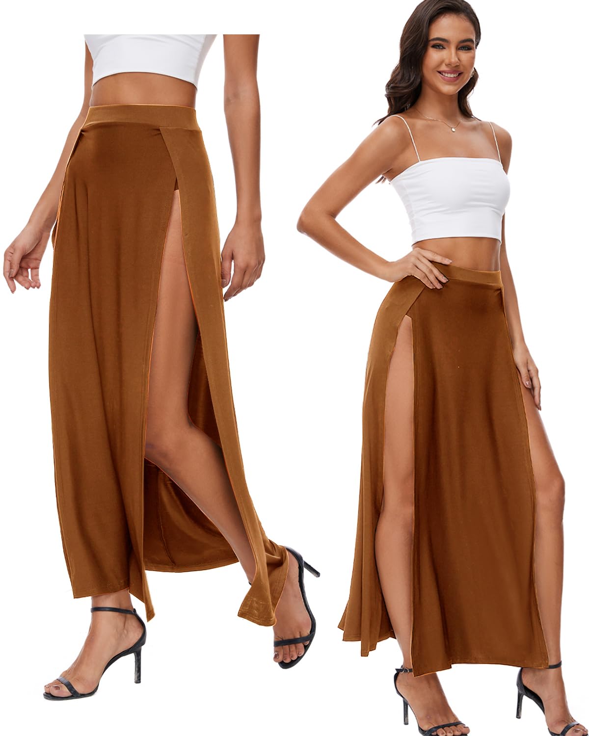 Women's Elastic Waist High Split Wrap Flowy Long Maxi Skirt Plain Side Slit Beach Party Maxi Skirts Renaissance Costume