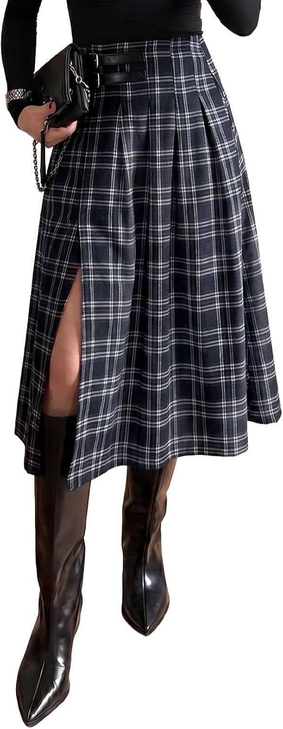 Pink Queen High Waist Side Slit Plaid Skirts for Women Midi Length