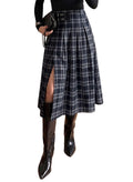 Pink Queen High Waist Side Slit Plaid Skirts for Women Midi Length