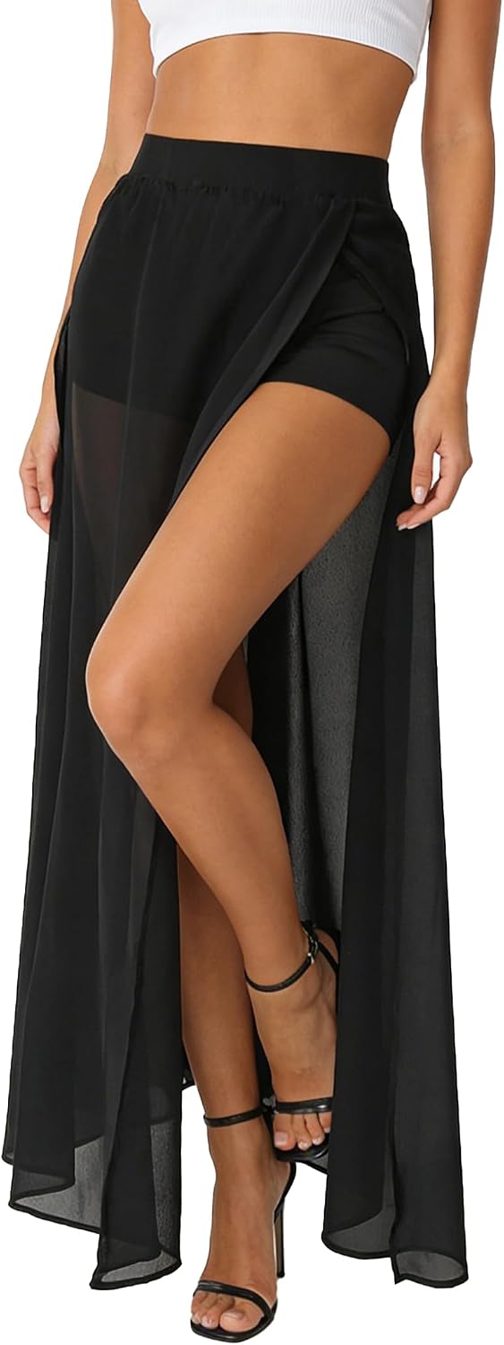 Avanova Women Double High Slit Mesh Sheer Maxi Skirt with Shorts