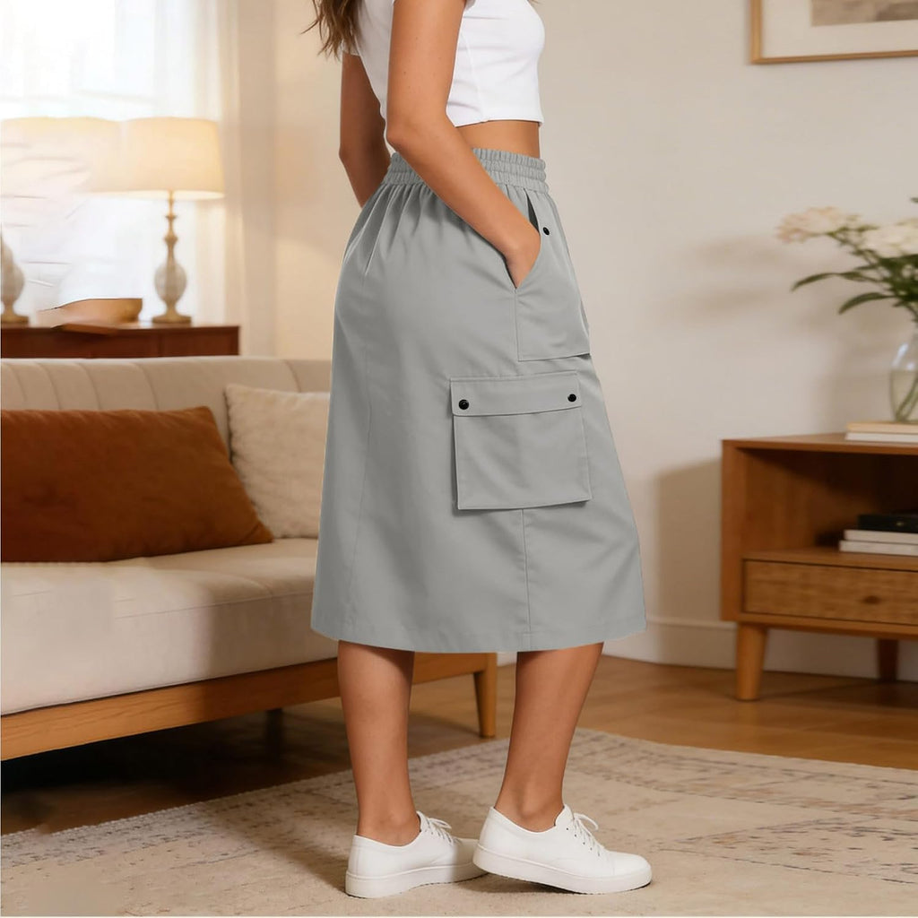 Women's Cargo Midi Skirt Elastic High Waist Utility Work Office Skirts with Multi-Pockets Loose A-Line Casual Outdoor