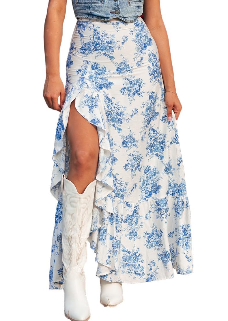 Pinclodly Floral Skirts for Women 2026 Casual High Waisted Wrap Beach Boho Skirt Summer Flowy Ruffle Maxi Skirt with Slit