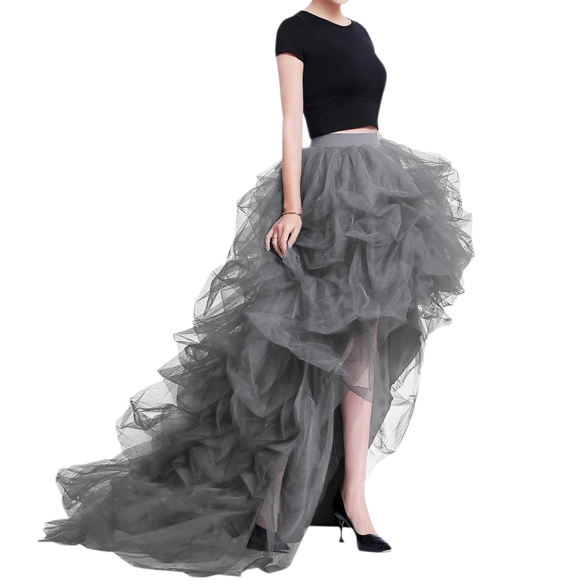 WDPL Women’s High Low Ruffled Tulle Skirt, Long Back Hem for Party Evening