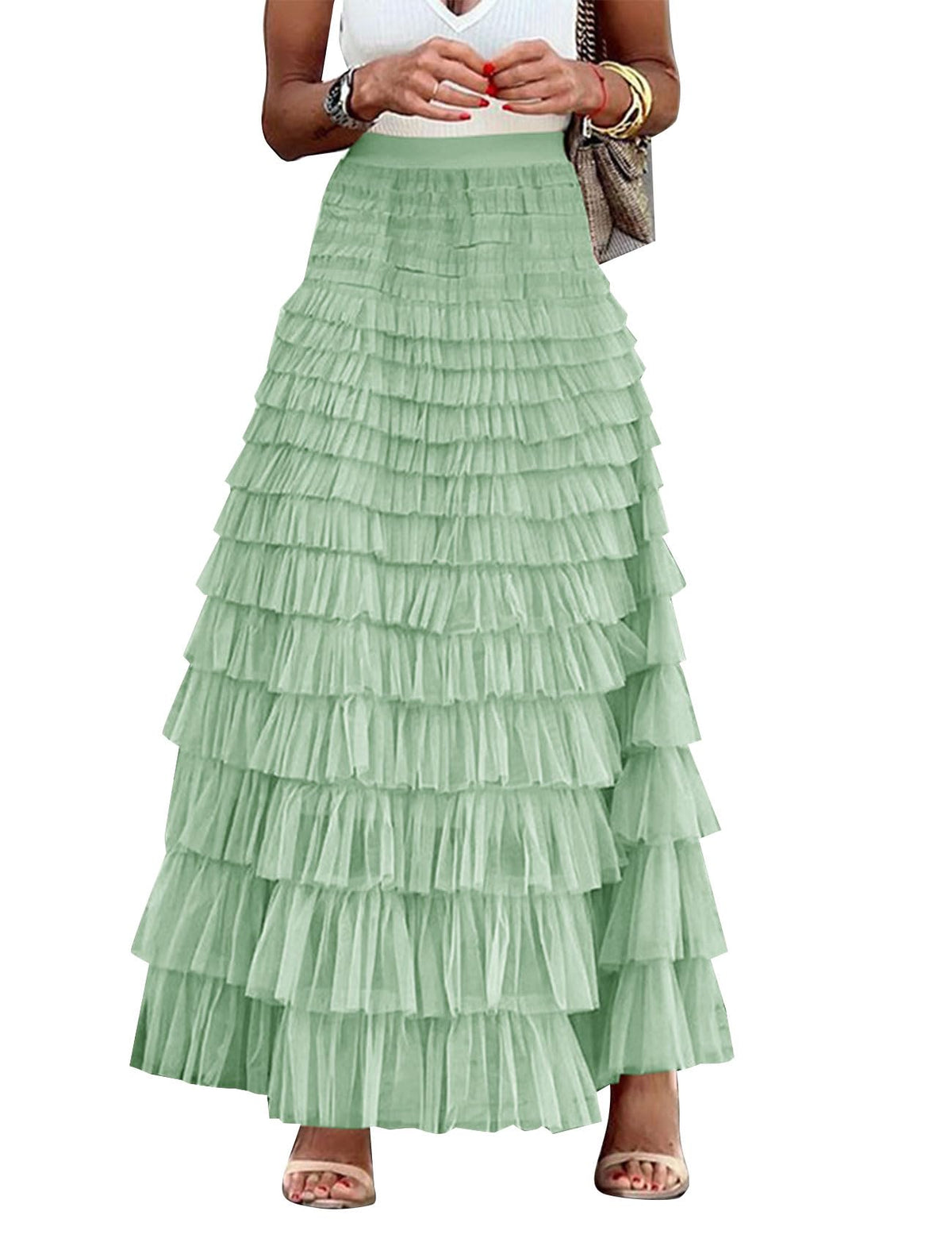 Flygo Women Long Maxi Tiered Tulle Skirts A Line Ruffle Layered Fairy Skirt