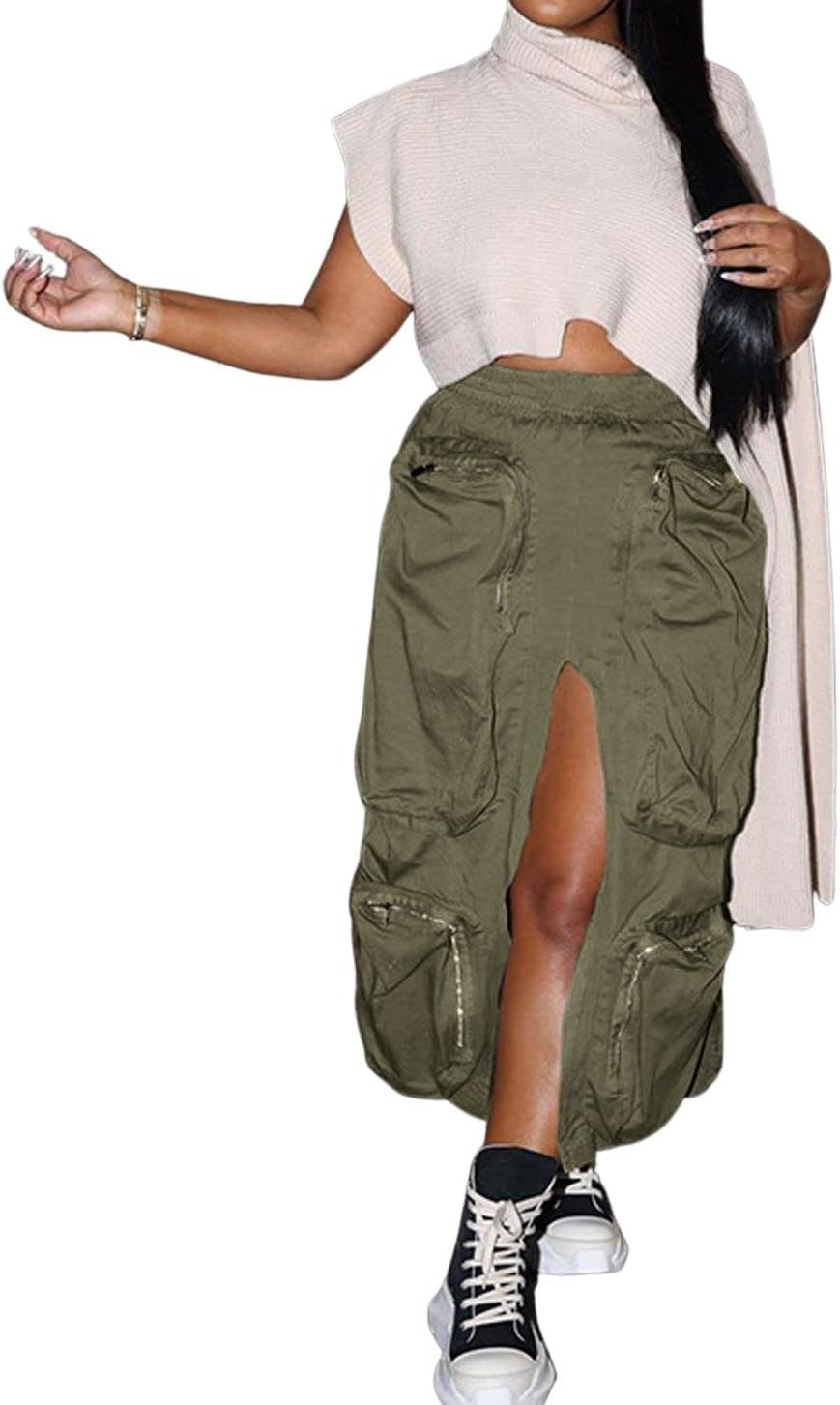 CHARTOU Women Elastic Waist Midi Cargo Skirt Multi Pocket Split Maxi Long Pencil Skirt Street Casual Skirt