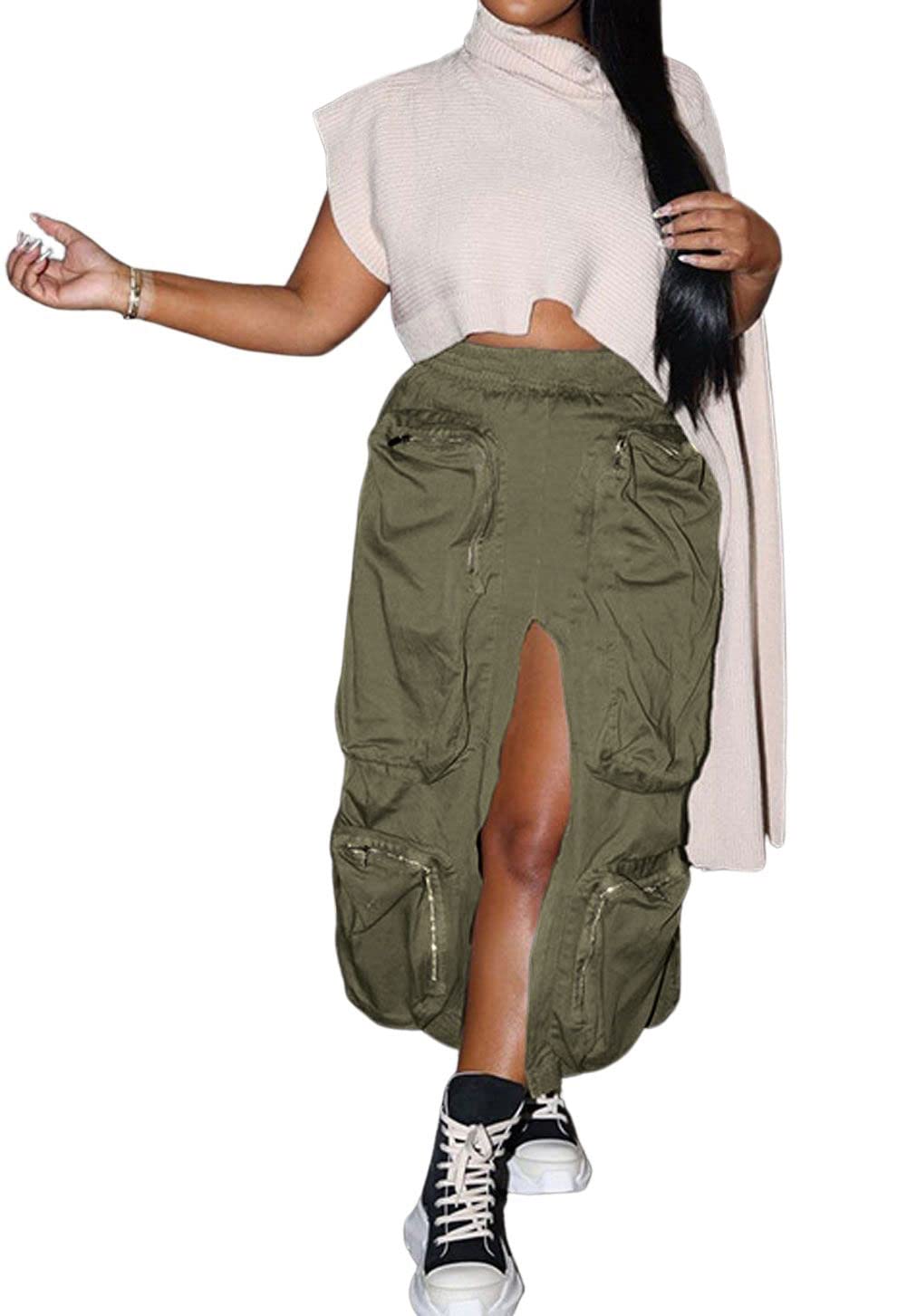 CHARTOU Women Elastic Waist Midi Cargo Skirt Multi Pocket Split Maxi Long Pencil Skirt Street Casual Skirt