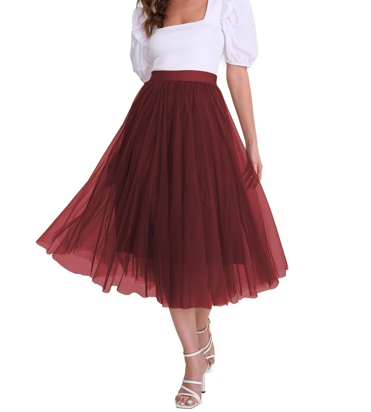 Women’s Tulle Skirts Midi Elastic High Waist Pleated Mesh Flowy A-Line Party Long Tutu Skirts…