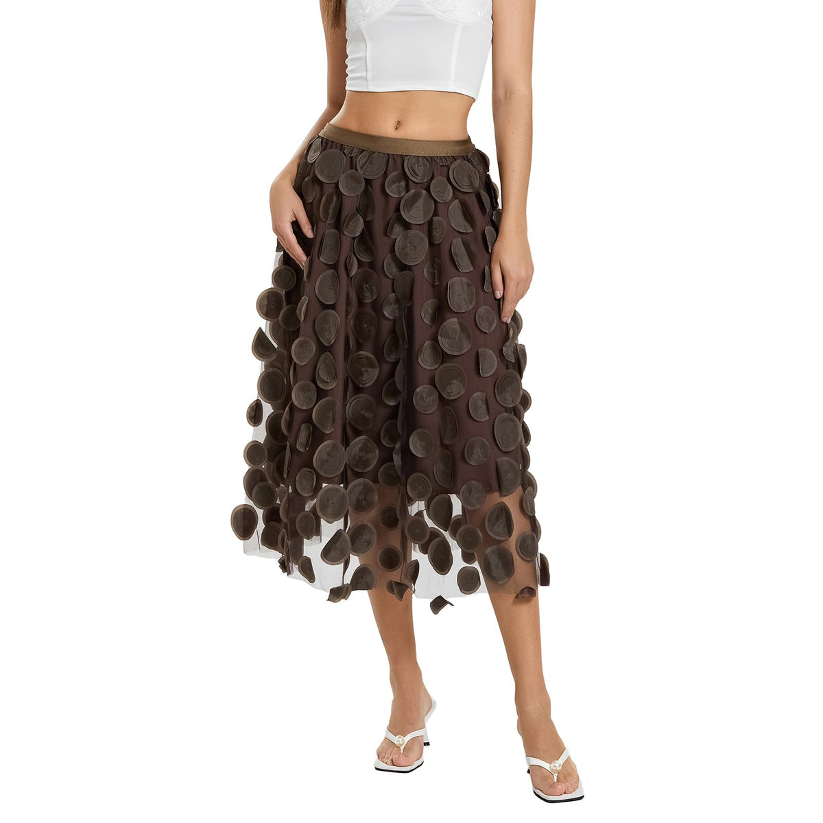 Tulle Skirt Women 3D Polka Dot Elastic Waist Mesh Flowy A-Line Midi Skirts Wedding Halloween Party Outfit