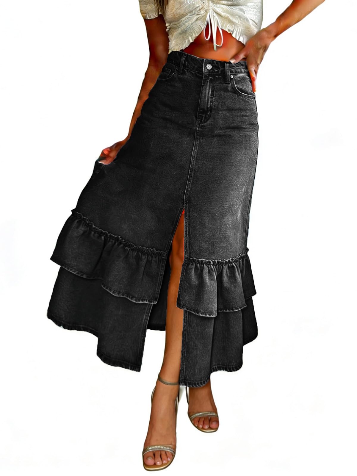utcoco Women's High Waist Long Denim Skirt Sexy Slit Tiered Ruffle Swing A-Line Jean Maxi Skirt with Pockets