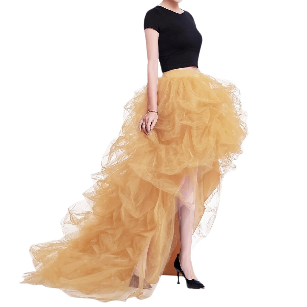 WDPL Women’s High Low Ruffled Tulle Skirt, Long Back Hem for Party Evening