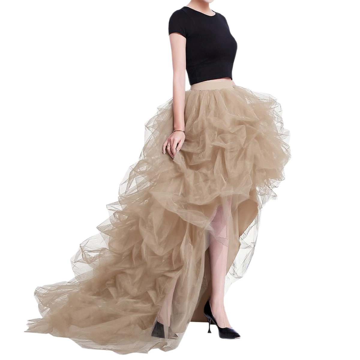 WDPL Women’s High Low Ruffled Tulle Skirt, Long Back Hem for Party Evening