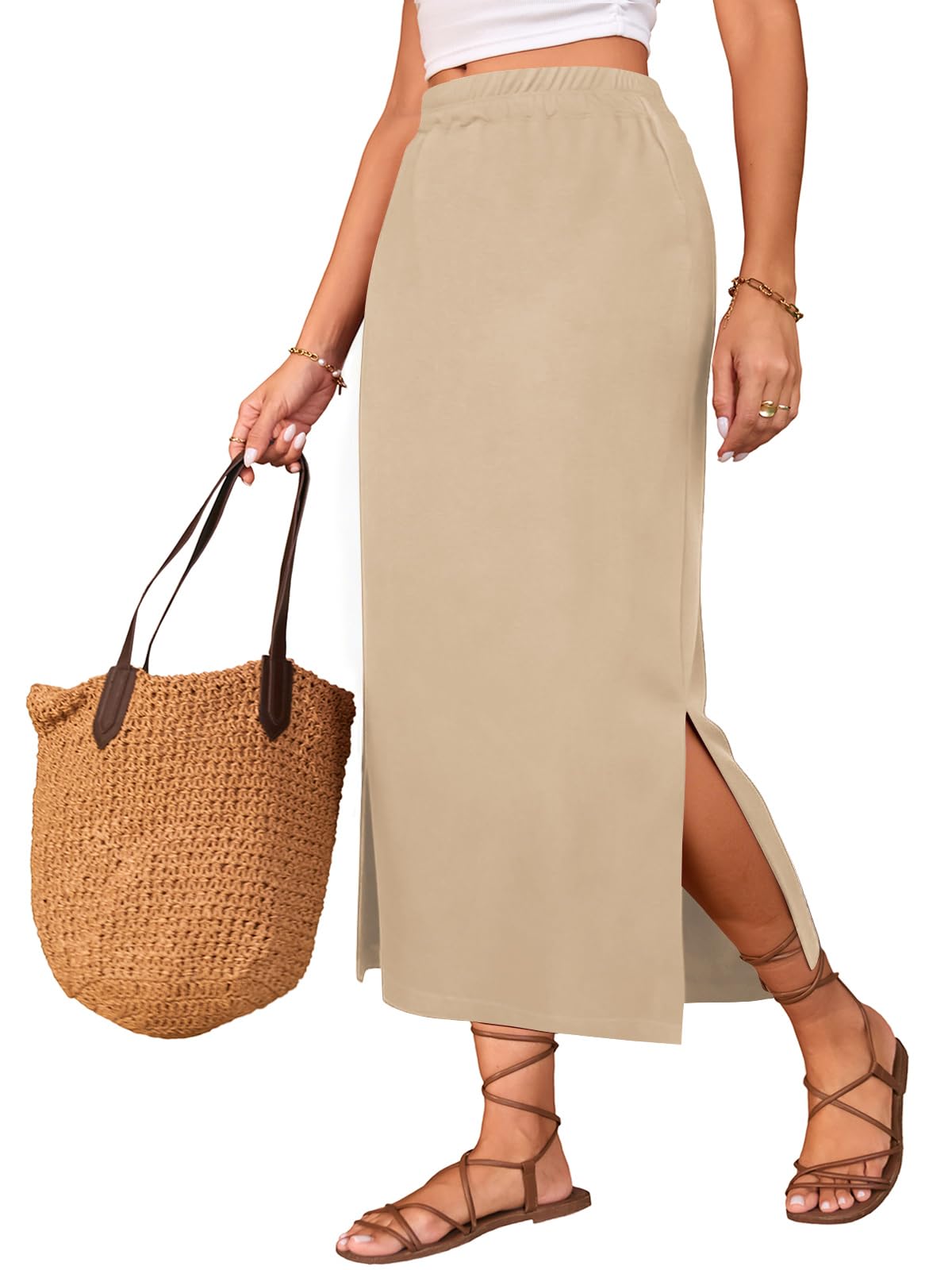 Poetsky Maxi Skirt for Women Summer Side Slit Pencil Skirts Elastic High Waisted Long Skirt