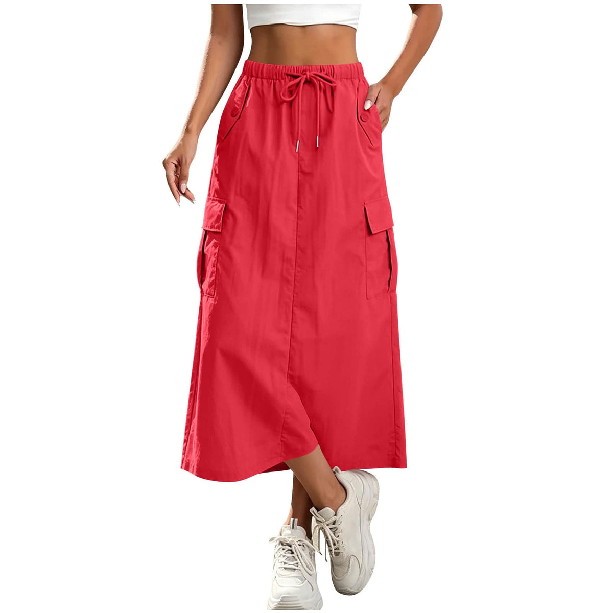 Womens Cargo Skirt High Waisted Drawstring Quick Dry Maxi Skirt Trendy Back Slit A Line Long Skirts Summer Skirts
