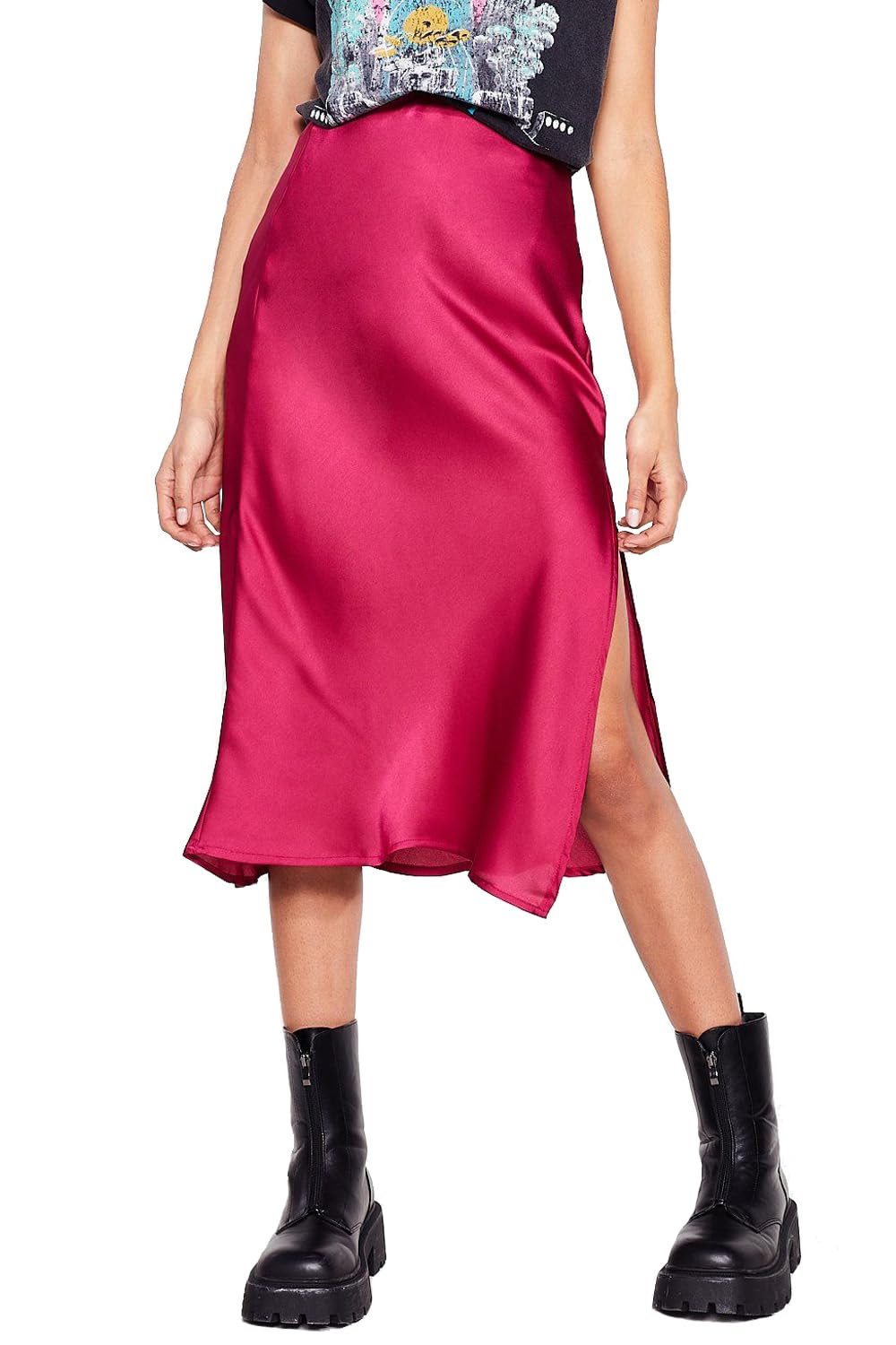 Womens Satin Silk High Waist Slit Midi Skirt Elastic Waistband Midi Skirts for Women