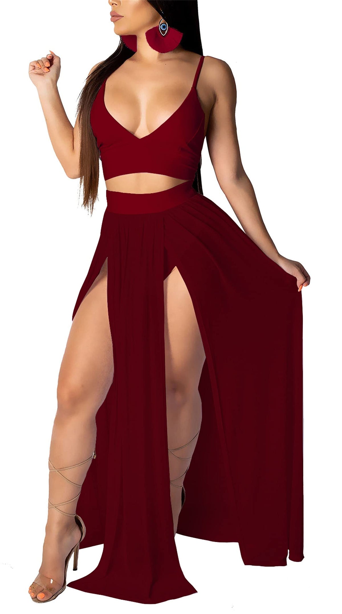Women Sexy 2 Piece Outfits Dress Chiffon Strap Deep V Neck Bra Crop Top High Split Maxi Dresses Skirt Set