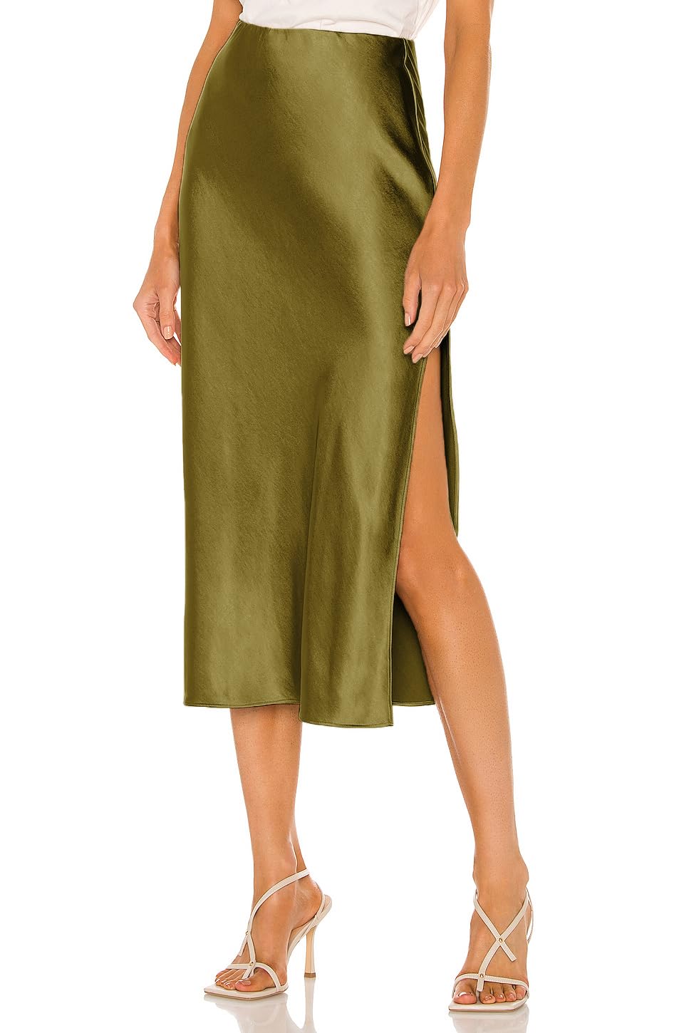 Womens Satin Silk High Waist Slit Midi Skirt Elastic Waistband Midi Skirts for Women