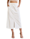 luvamia Jean Skirts for Women High Waisted Midi Denim Drawstring Elastic Waist Long Skirt with Pockets Front Slit