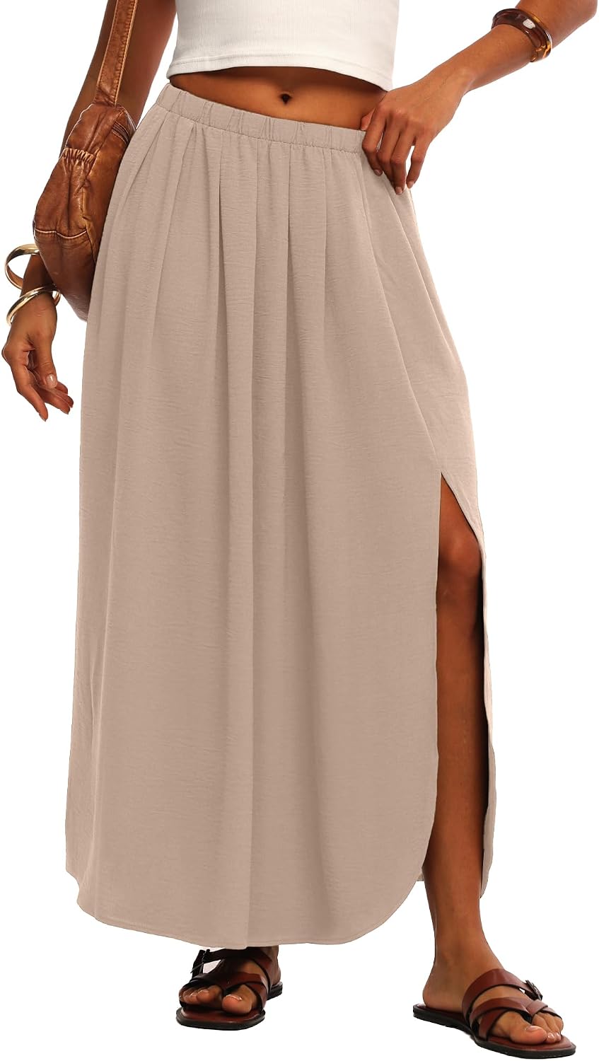 HiMONE Womens Maxi Skirt High Waisted Flowy A Line with Side Slit