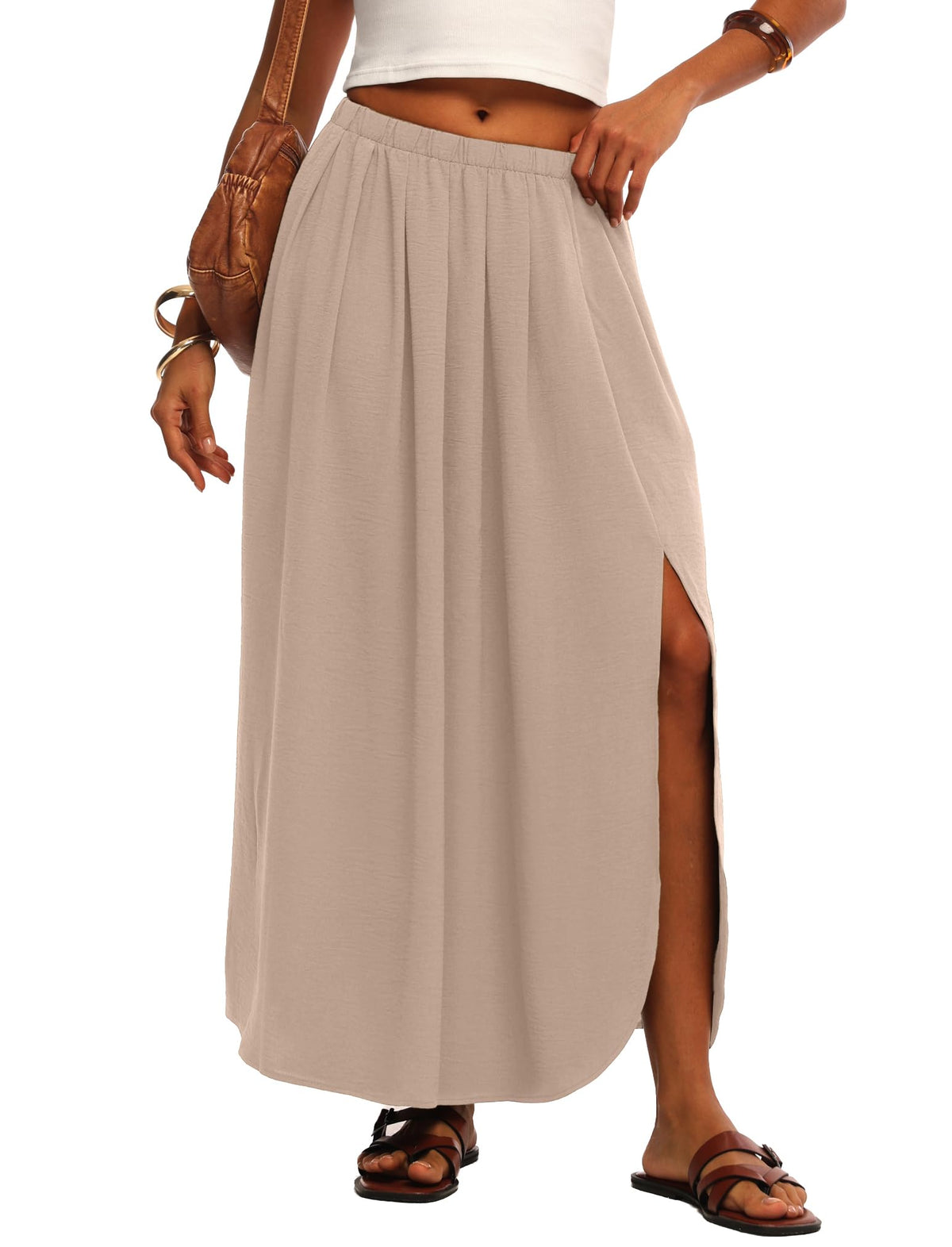 HiMONE Womens Maxi Skirt High Waisted Flowy A Line with Side Slit